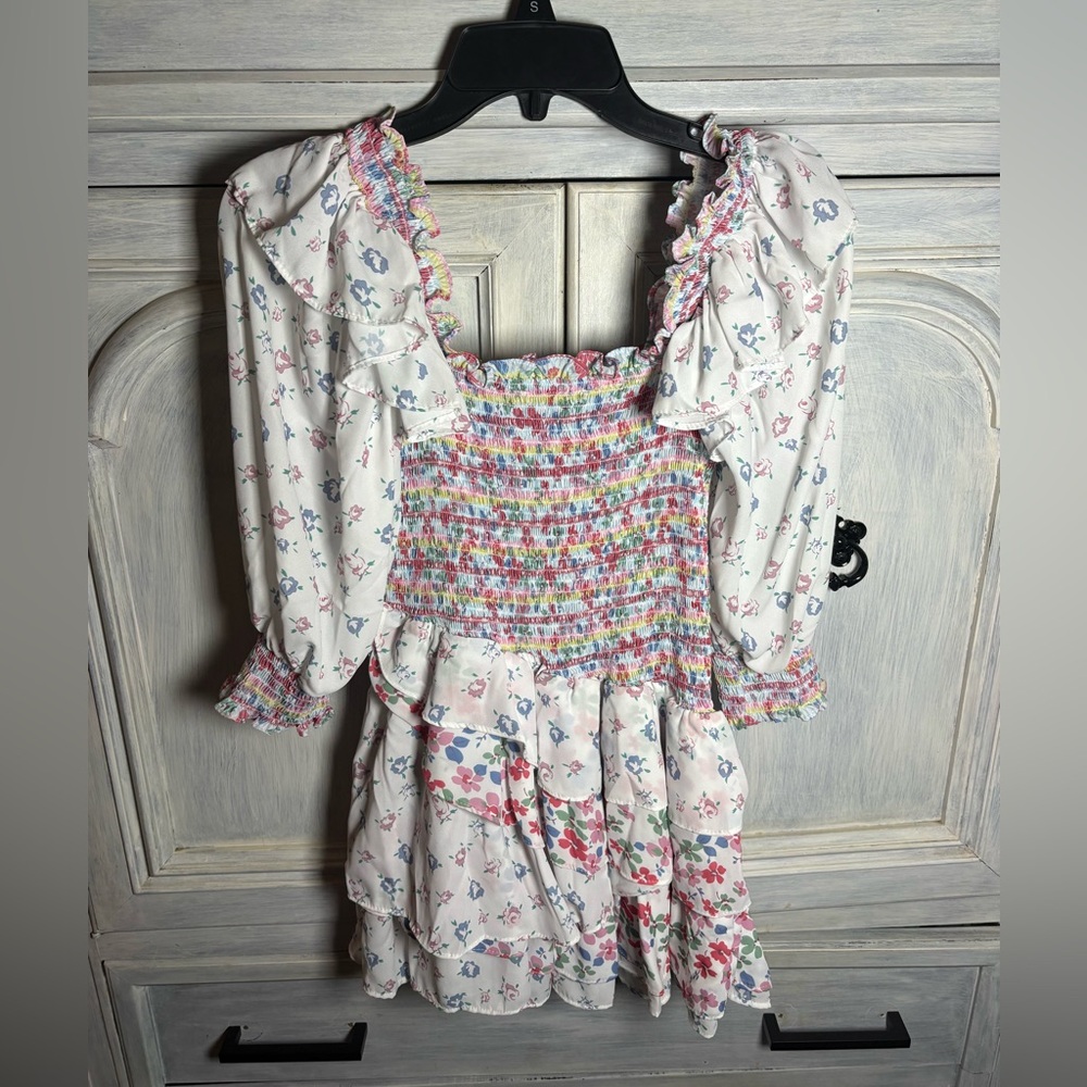 Yvonne & Love Smocked Disty Floral Asymmetric Ruffle Mini‎ Dress Flirty Dainty - Picture 9 of 9